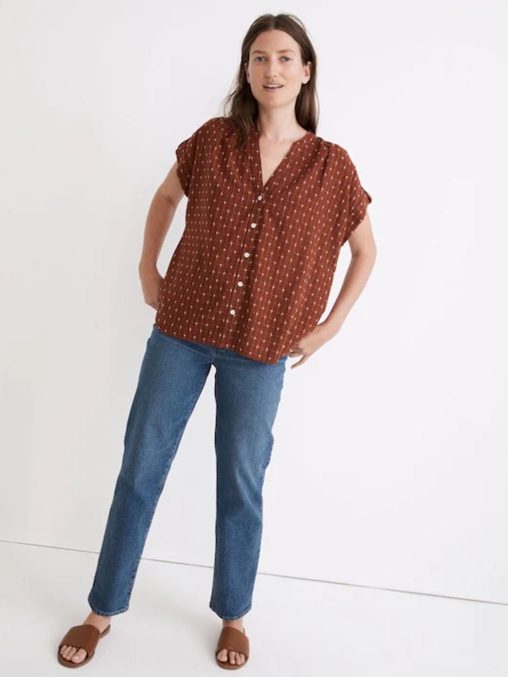 Madewell Rust Brown Dot Button-Front Short Sleeve Shirt